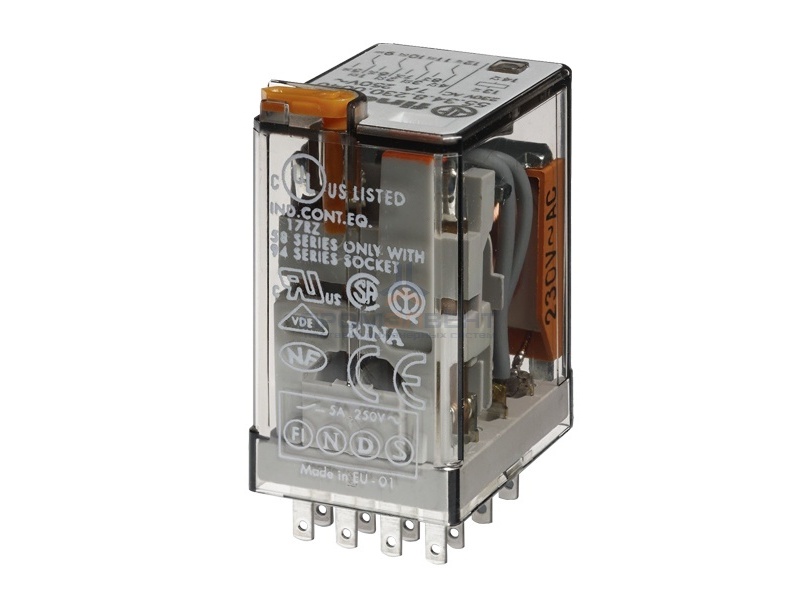 Миниатюрное реле Finder 4 контакта 7A AC (50/60Гц) 230В AgNi кнопка тест с блокировкой + LED (AC)